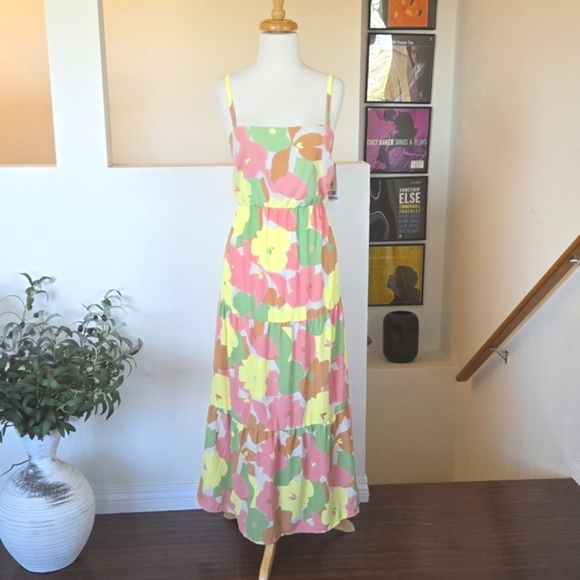 SANCTUARY 60s Retro Floral Smocked Back Spaghetti Strap Tiered Maxi Dress Size L - Picture 13 of 14